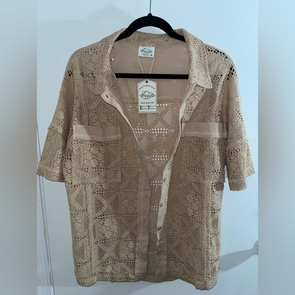 Desert Sand Open Crochet Button Up Short Sleeve Top - Picture 3 of 10